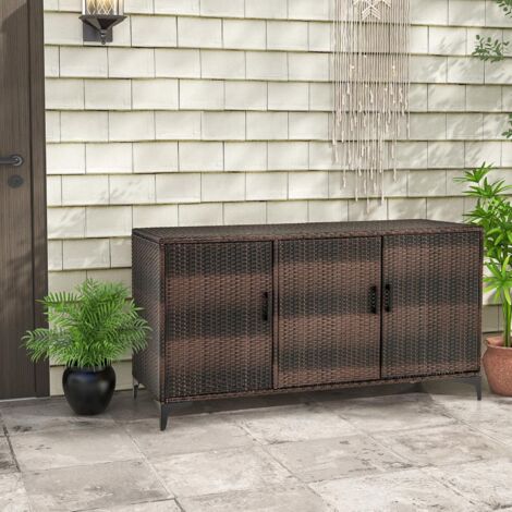 Goplus – Coffre de jardin en rotin PE 318 L – 3 portes – Étagères amovibles – Dimensions 135 x 50 x 70,5 cm – Résistant aux UV et à l'humidité (1/5)
