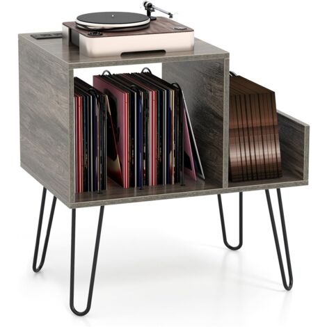 Goplus – Meuble vinyle avec station de charge – 2 prises et 2 USB – Séparateurs amovibles – Étagère ouverte – Pieds en métal – Gris (1/5)