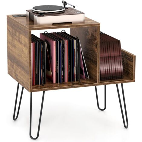 Goplus – Meuble vinyle avec station de charge – 2 prises et 2 USB – Séparateurs amovibles – Étagère ouverte – Pieds en métal – Brun rustique