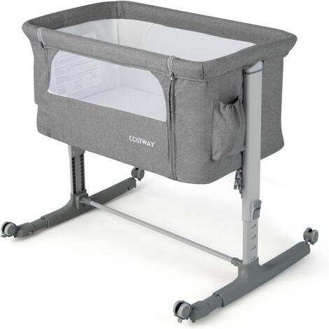 GOPLUS Berceau pour Bébé 3 en 1, Lit pour Cododo Portable avec Mode Berceau, Matelas Amovible, Hauteur Réglable, Poches de Rangement et Roues Verrouillables, Lit de Voyage pour Nouveau-né (Gris)