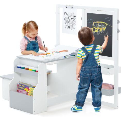 Goplus – Table enfant 3 ans+ avec chaise et tableau noir réglable – Espace de rangement – Accessoires artistiques inclus – Dimensions 114x81x100cm