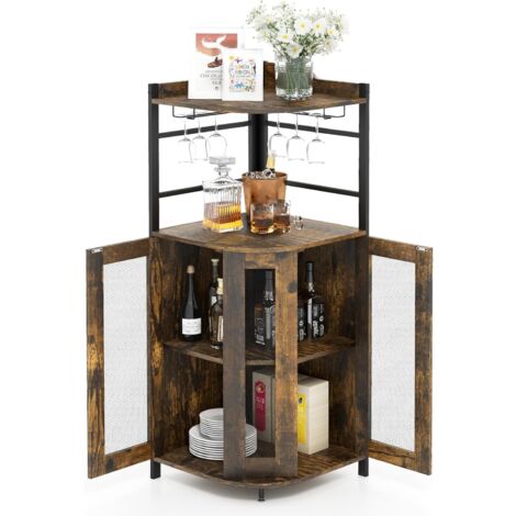 Goplus – Armoire à vin d'angle 130x48x48 cm – Style industriel en fer et PB – 2 étagères réglables – 2 porte-verres – Capacité 60 kg (1/5)