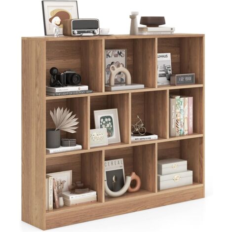 GOPLUS Bibliothèque, Meuble Rangement Enfant avec 10 Cubes Ouvertes, Étagère Rangement à 3 Niveaux pour Livres Jouets, Meuble Cube pour Salon/Chambre, 120x24x104CM (Naturel)