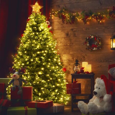 Goplus – Sapin de Noël artificiel lumineux 210 cm – LED multicolores et blanches – 11 modes d’éclairage – Socle en fer – Ouverture parapluie