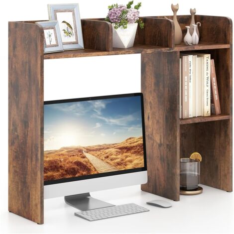 GOPLUS Bibliothèque de Bureau en Bois avec Plusieurs Tablettes, Organiseur de Bureau avec Dispositif Anti-Basculement, 94 x 25 x 74 CM, Marron