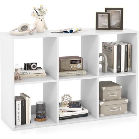 GOPLUS Bibliothèque Ouverte à 6 Cubes, Etagère de Rangement Décorative à Dos Ouvert avec Dispositifs Anti-basculement et Patins Antidérapants, Etagère sur Pied, pour Salon, Chambre, Blanc