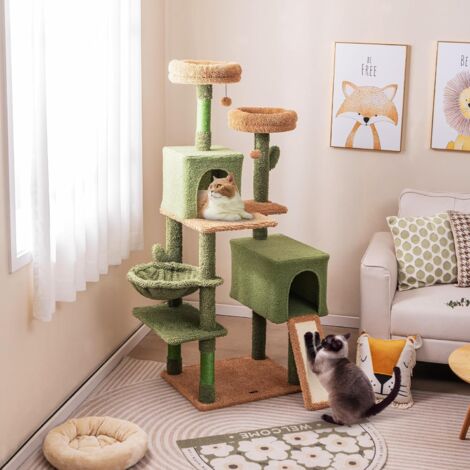 Goplus – Arbre à chat en forme de cactus 152cm – 7 niveaux avec 2 perchoirs, 2 condos, hamac, poteaux en sisal – Coussins lavables (1/5)