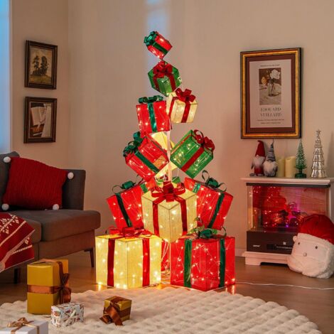Goplus – Décoration de Noël lumineuse 170 cm – 15 boîtes cadeaux empilées – 450 lumières LED – Base en métal – Pour intérieur et extérieur