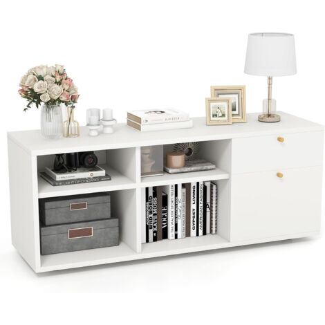 Goplus – Bibliothèque moderne 108x39x50cm – 2 tiroirs et 4 compartiments – Pieds réglables – Meuble TV pour salon, chambre, entrée (1/5)