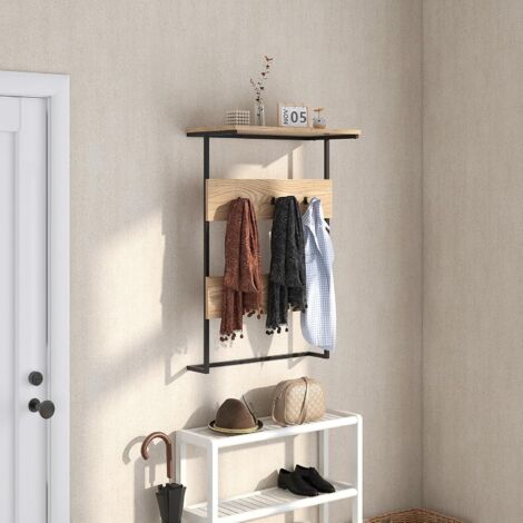 Goplus – Porte-manteau mural avec étagère et 6 crochets – Métal et bois d'ingénierie – Dimensions 59,5 x 30 x 88,5 cm – Charge 3,2 kg par crochet (1/3)