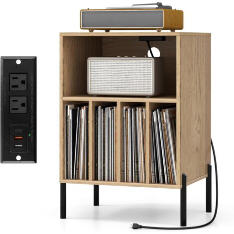 Goplus – Support tourne-disque avec station de charge – 5 compartiments pour 150 vinyles – Pieds en métal – Dimensions 53x45x78,5cm – Gestion des câbles