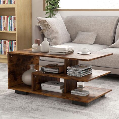 Goplus – Table basse industrielle rectangulaire avec rangement 3 niveaux – Bois d'ingénierie naturel et blanc – Dimensions 90 x 50 x 42 cm – Charge 85 kg (1/5)