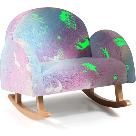 Fauteuil à Bascule Enfant Brillant Dans Le Noir - Licorne, Pieds En Bois, Tissu Doux, Pour 3 à 5 Ans