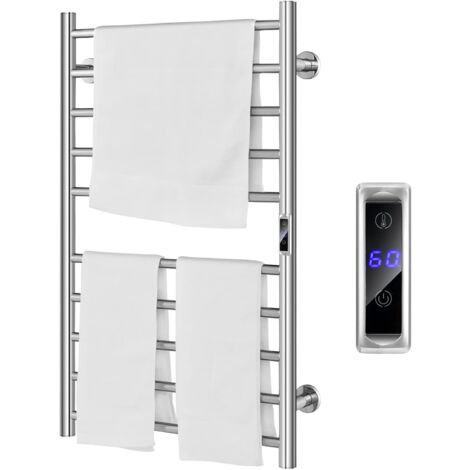 GOPLUS Sèche-Serviettes Électrique 10 Barres, Minuterie 1-8h, Température Réglable 30-60℃, Écran LED, Radiateur Sèche Serviettes Mural en Acier Inoxydable Étanche IP44 pour Salle de Bain, Argent