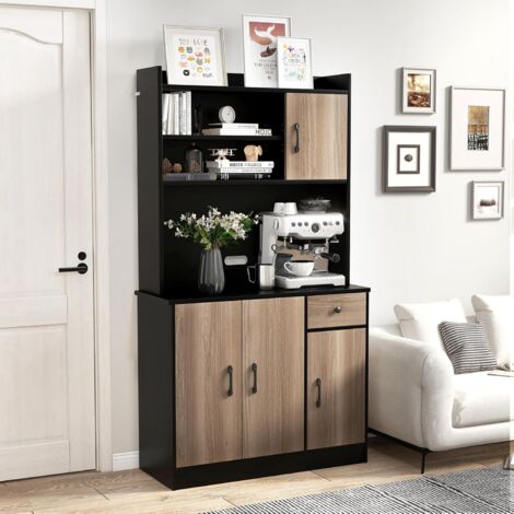 GOPLUS Buffet Haute de Cuisine 180cm avec Trous pour Câbles, 4 Étagères Réglables, 3 Armoires, Meuble de Rangement pour Cuisine, Salle à Manger (Noir) (1/5)