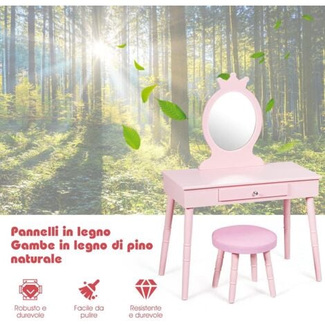 Goplus Set Toeletta E Sgabello Per Bambini Toeletta Con Specchio Per