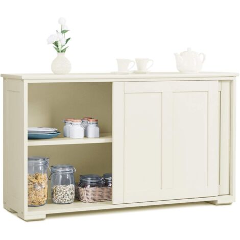 Goplus – Buffet commode bas avec 2 étagères – Tablette réglable en hauteur – Vaisselier avec porte coulissante – Meuble en MDF beige 106,5 x 33 x 60 cm
