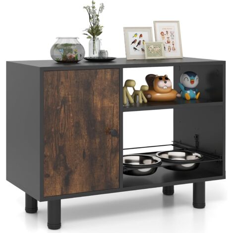 Goplus – Meuble gamelle pour chien avec hauteur réglable – 2 bols en acier inoxydable – Armoire de rangement avec 2 étagères – 82x35x60cm