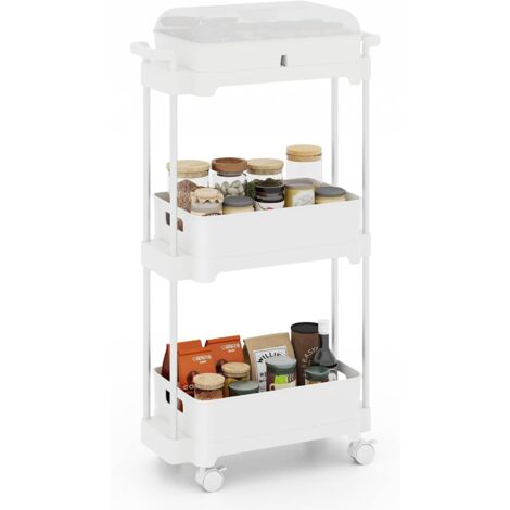 GOPLUS Chariot à 3 Niveaux, Organisateur de Rangement Multifonctionnel avec 3 Etagères Amovibles, Cadre en Alliage d'Aluminium, roulettes Verrouillables, pour Salle de Bain, Cuisine, Bureau, Blanc (1/5)