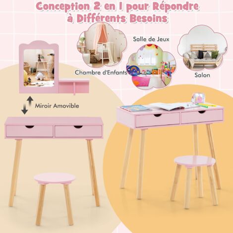 Coiffeuse Enfant 3-7 Ans, Coiffeuse en Bois avec Miroir Amovible