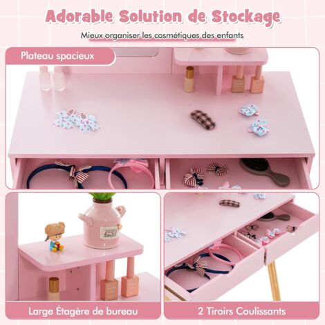Coiffeuse Enfant Avec Miroir LED Et Tabouret - Table De Maquillage En Bois Rose, Tiroirs, étagères - Pour 3-8 Ans - 5