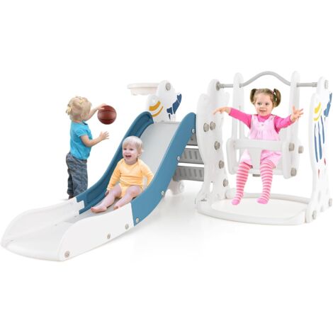 GOPLUS 4 en 1 Toboggan Intérieur Exterieur Enfant Thème Fusée, Glissière Balancoire Amusante, Grimpeur, Panie Basket et Ballon, Aire de Jeux Interieur Toboggan pour Enfant 1,5 Ans, Charge 30KG (1/5)