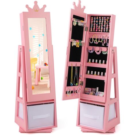 GOPLUS Armoire a Bijoux Enfant Fille, 3 en 1 Armoire à Bijoux avec Miroir sur Pied, Organiseur de Bijoux Pivotante avec Tiroir Pliable, Anti-Basculement, Meuble pour Chambre d'enfant (Rose) (1/5)