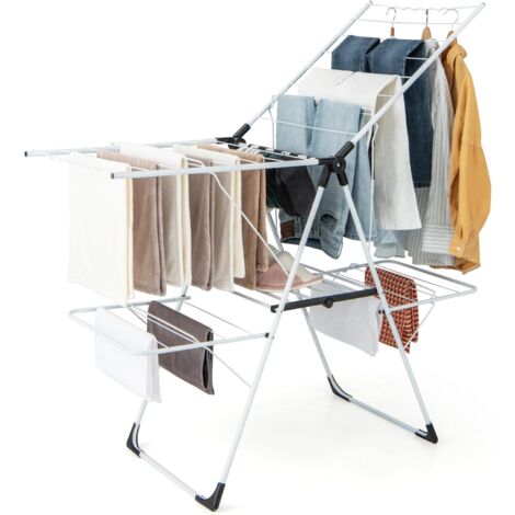 GOPLUS Étendoir Linge Intérieur, Séchoir à Linge en Métal à 2 Niveaux, Ailes Réglables en Hauteur, 33 Rails de Séchage, Pinces à Chaussettes, Barres Latérales en Forme de Vague, sans Assemblage (1/5)