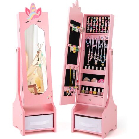 GOPLUS Armoire a Bijoux Enfant Fille, 2 en 1 Armoire à Bijoux avec Miroir, Organisateur à Bijoux sur Pied avec Tiroir Pliable, 2 Angles Réglables, Jolie Licorne, pour Chambre d'enfant (Rose) (1/5)