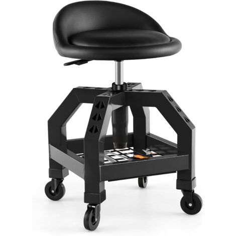 Goplus – Tabouret d'atelier à 4 roulettes – Hauteur réglable 67-80cm – Siège pivotant en cuir PVC – Charge 150kg – Plateau à outils intégré