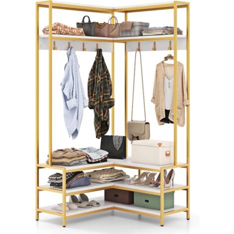 GOPLUS Porte-vêtements d'Angle Autoportant avec Etagères et 7 Crochets-Cadre en Métal Robuste-Kits Anti-basculement-90x90x178CM (Or+Blanc) (1/5)