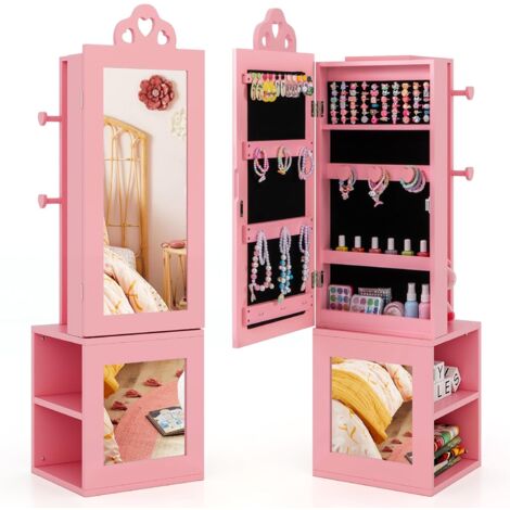 GOPLUS Armoire à Bijoux Enfant Fille, 3 en 1 Armoire de Bijoux sur Pied avec Miroir Pleine Longueur, Porte-vêtements, Kit Anti-basculement, Motif Cœur, pour Chambre d'Enfants (Rose) (1/5)