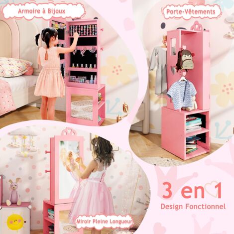Armoire à Bijoux 3 En 1 Pour Enfants Avec Miroir Pleine Longueur - Bois, Motif Couronne Rose/blanc - Anti-basculement, Nombreux Rangements