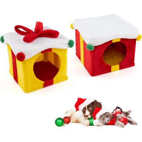 GOPLUS Niche pour Chat Noël à 2 Niveau Design Modulaire, Niche Douce et Pelucheuse pour Chats Forme de Boîte Cadeau, Tissu en Peluche, pour Chats pour Noël (1/5)