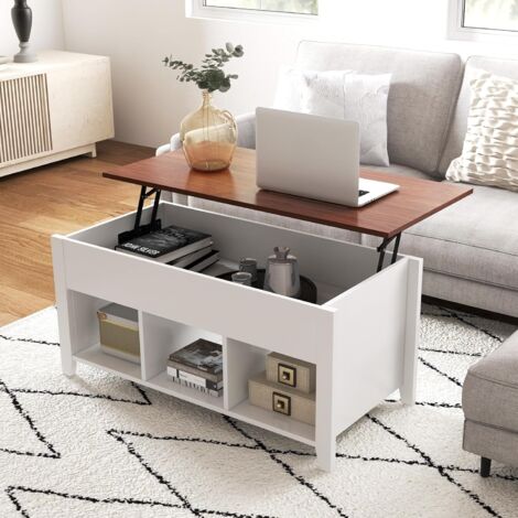 Goplus – Table basse relevable moderne – Plateau relevable avec compartiment de rangement – Espace de stockage 3 bacs – Blanc