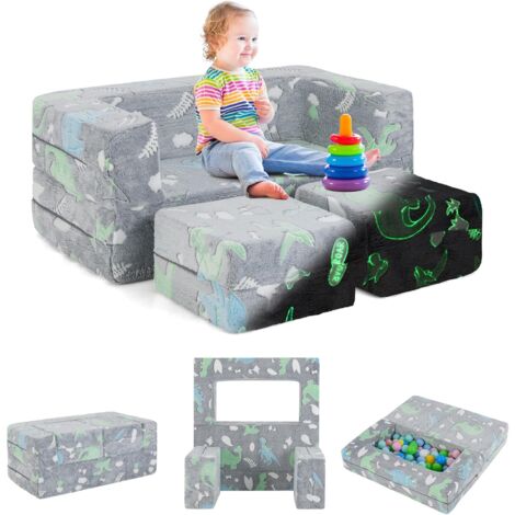 GOPLUS Canapé Convertible Enfant, Brillant dans Le Noir, Canapé Modulaire Enfant en Peluche avec Housse en Flanelle Amovible, Canapé de Jeu pour Chambre d'enfant, Salle de Jeux (Gris) (1/5)