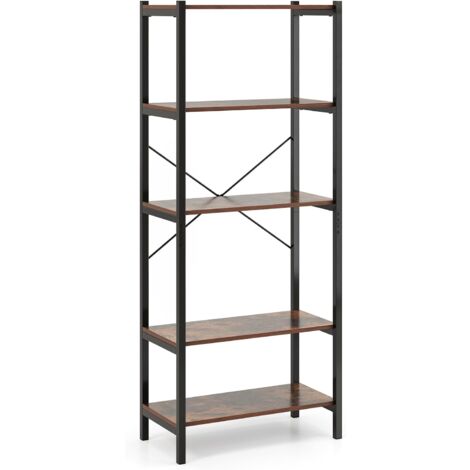 GOPLUS Bibliothèque Étagè avec 5 Niveaux, Cadre en Métal, Structure en Forme de X, Dispositif de Basculement, Style Vintage pour Salon, Bureau, Marron Rustique, 66 x 34 x160cm (1/5)