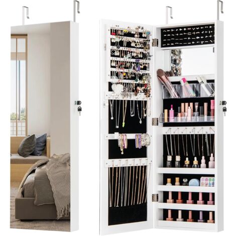 Armoire à Bijoux Murale Avec Miroir Pleine Longueur - Rangement Organisé, Verrouillable, Blanc, 2 En 1 Rangement Et Miroir