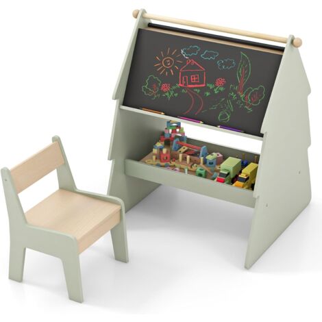 Goplus – Table enfant 2 en 1 avec chaise – Tableau chevalet double face 59 x 29,5 cm – Étagère de rangement – Structure triangulaire stable