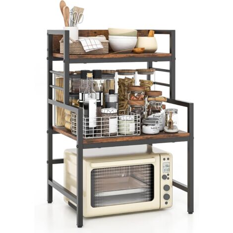 Goplus – Support extensible à micro-ondes 3 niveaux – Etagère en métal et bois marron rustique – Dimensions 52 x 42 x 78 cm – Capacité 50 kg (1/5)