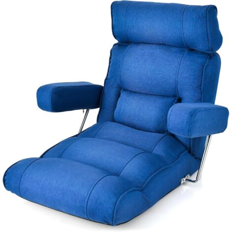GOPLUS Fauteuil au Sol 1 Place Pliable Réglable, Fauteuil Paresseux avec Appui-tête Réglable à 6 Positions/Support Lombaire/Siège Allongé, Salon, Chambre, Bureau, Charge 150KG, 80 x 72 x 75 cm (Bleu) (1/5)