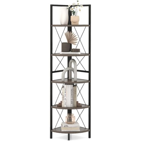 GOPLUS Biblioque Étagère Angle à 5 Niveaux, Etagère de Rangement 160cm, Cadre en Métal, Kits Anti-basculement, Supports en Forme de ‘X’, Style Industriel pour Salon, Bureau (Gris)