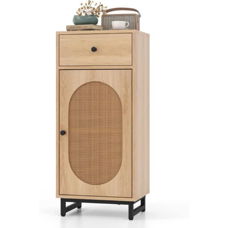 GOPLUS Meuble sur Pieds Salle de Bain, Porte Décorée en Rotin PE, Armoire Salle de Bain Etagères Réglable, 1 Tiroir et 1 Compartiment Clôturé, Pieds Métalliques Surélevés, Naturel (1/5)