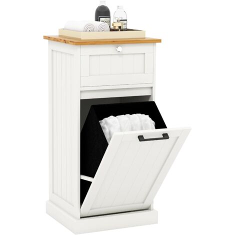Goplus – Armoire inclinable avec panier à linge 38L – Tiroir de rangement – Dimensions 40x37x82 cm – Charge 50 kg – MDF et bambou blanc