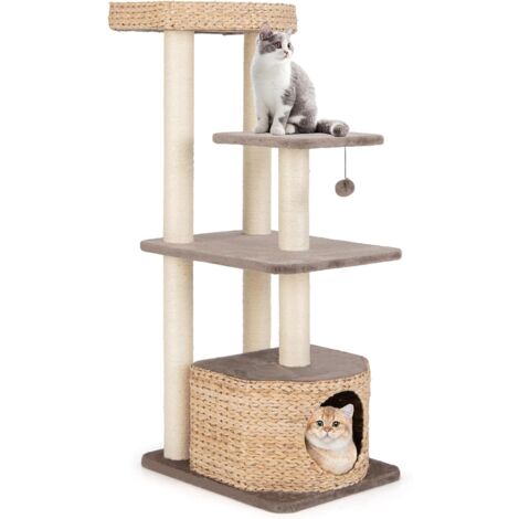 GOPLUS Arbre à Chat 131cm en Tige de Massette, Griffoirs en Sisal, Perchoir, Condo, Boule Suspendue en Peluche, Coussins Amovibles et Lavables, Arbre a Chat Design Moderne pour Chats (1/5)