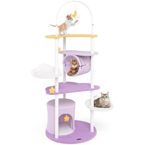 GOPLUS Arbre à Chat Cadre en Tube Fer 158CM, Perchoir en Forme de Lune, Jouets Suspendus en Forme d'Étoile, Arbre a Chat Maine Coon pour Chat Détente et Sommeil (1/5)