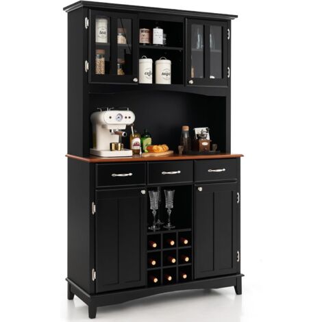 Goplus – Buffet haut avec huche – 9 compartiments à vin – 3 tiroirs utilitaires – étagères réglables – construction en MDF blanc – design moderne (1/5)