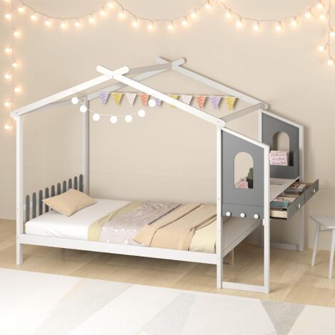 GOPLUS Structure de Lit 200x140CM avec Bureau d’Étude sur le Côté et 2 Tiroirs-Aucun Sommier Nécessaire-253x152x193CM Blanc (1/5)