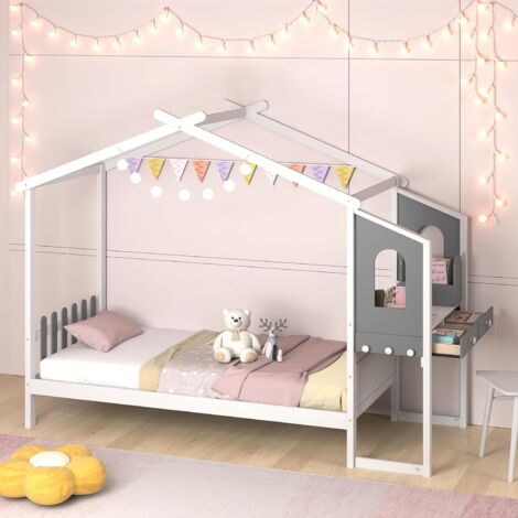 GOPLUS Structure de Lit 200x90CM avec Bureau d’Étude sur le Côté et 2 Tiroirs-Aucun Sommier Nécessaire-253x102x193CM Blanc (1/5)