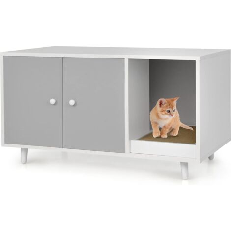 GOPLUS Maison de Toilette pour Chat en Bois Meuble Litière pour Chat Double Portes avec Grattoir à Chat pour Salon, Entrée, Couloir, 90x50x50CM (1/5)